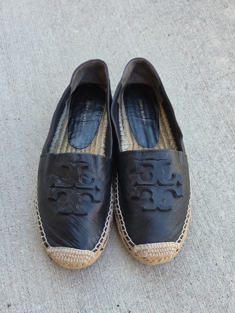 TORY BURCH Ines Platform Black Leather Espadrille Flat Sz8